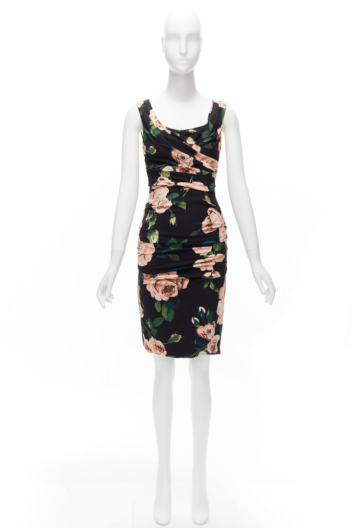 DOLCE GABBANA black pink rose print silk lined draped mid cocktail dress IT38 XS