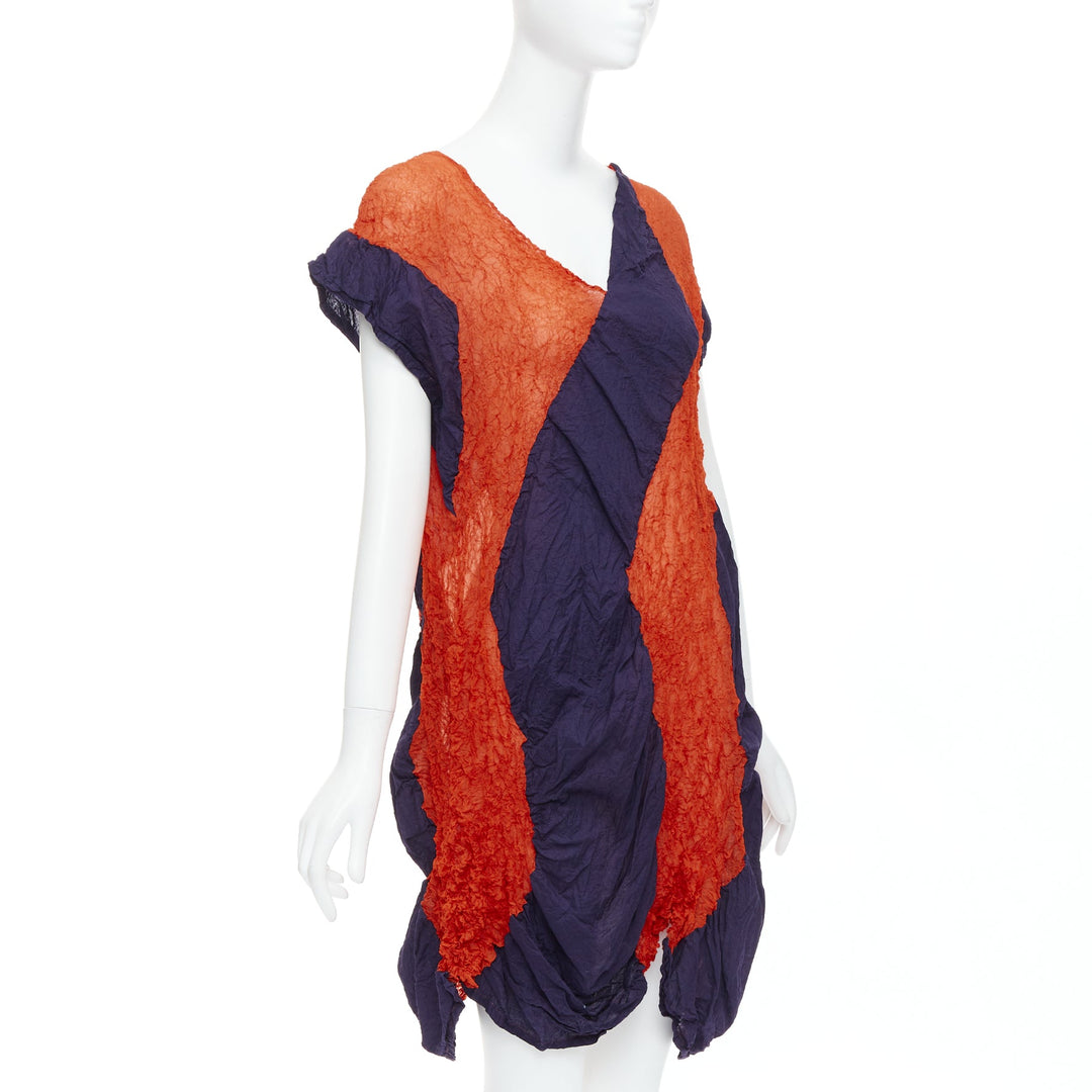 ISSEY MIYAKE orange navy graphic crinkled asymmetric short sleeve dress JP2 M