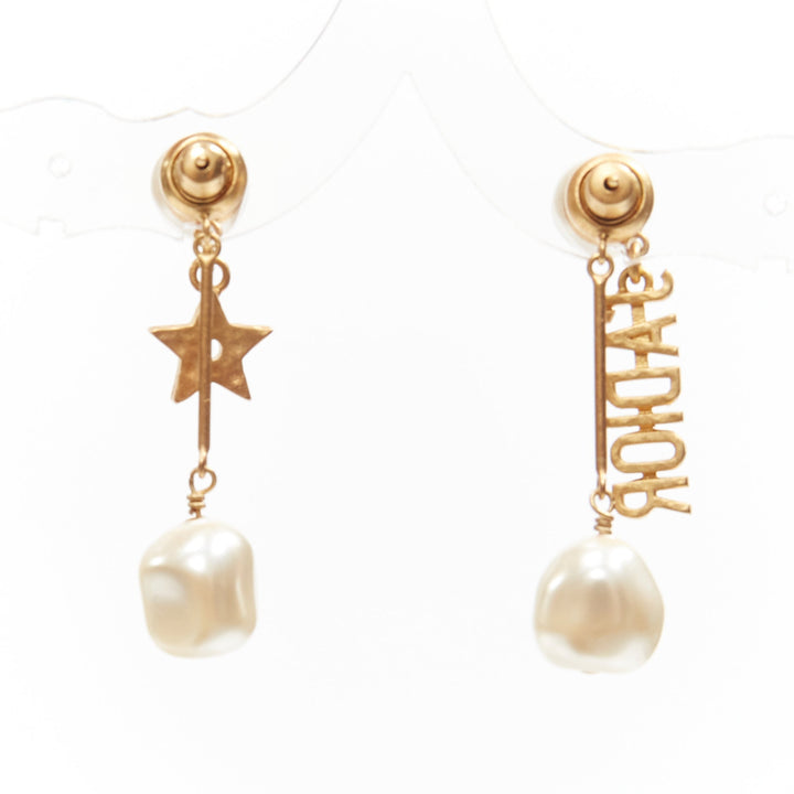DIOR Tribale J'adior gold pearl logo drop star pin asymmetric stud earrings pair