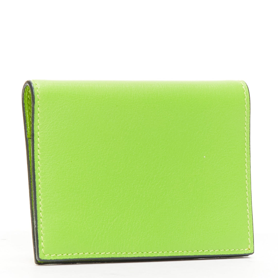 HERMES neon green smooth leather silver hardware bifold cardholder
