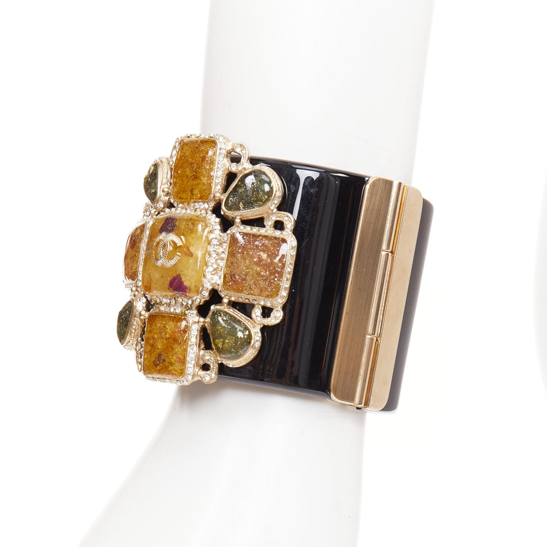 CHANEL B12A Byzantine Cross Gripoix black gold resin clamper cuff bangle