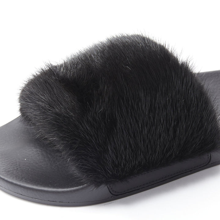 GIVENCHY black Vison Mink fur logo rubber molded footbed pool slides EU36