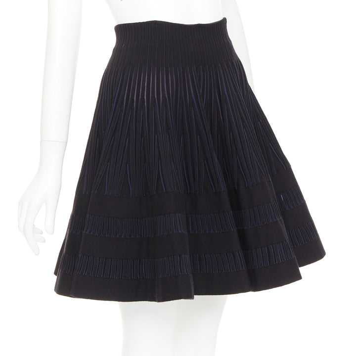 ALAIA navy black virgin wool silk blend high waist flared knitted skirt IT36 XXS