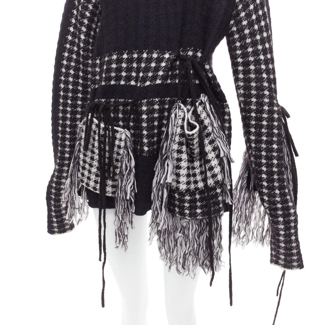 PORTS 1961 black white 100% virgin wool houndstooth pocket fringe sweater S