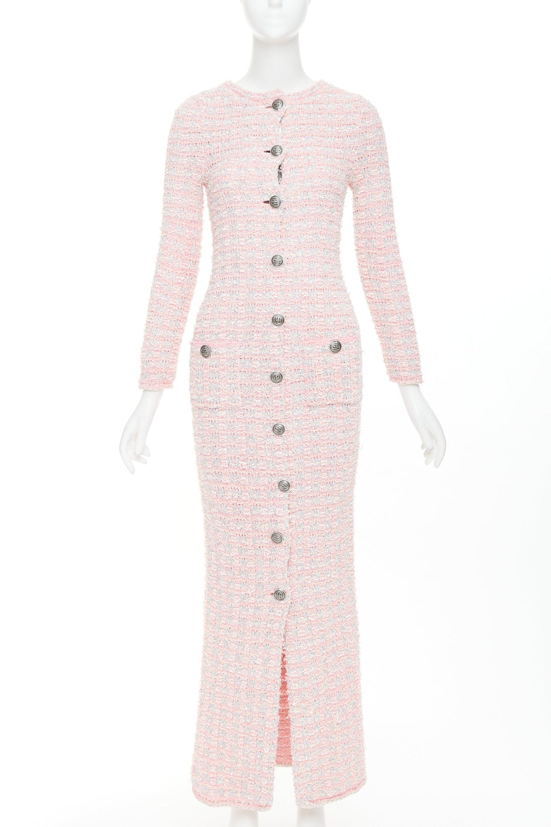 BALENCIAGA 2022 light pink stretch cotton tweed back to front midi dress XS