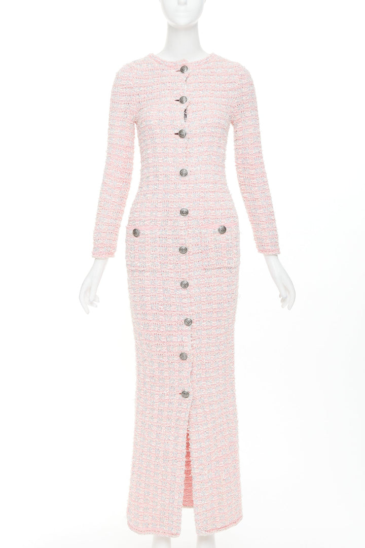 BALENCIAGA 2022 light pink stretch cotton tweed back to front midi dress XS
