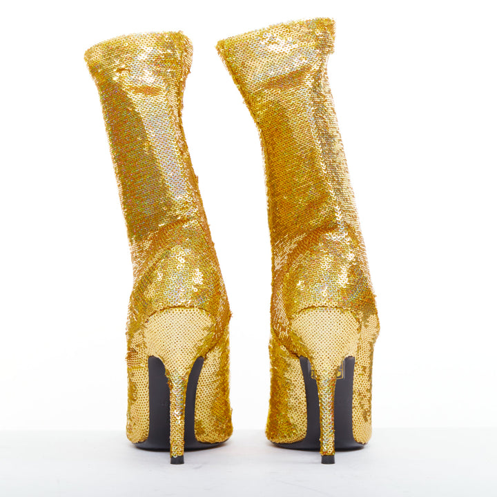 BALENCIAGA Demna Knife gold holographic sequins point toe sock ankle boots EU36