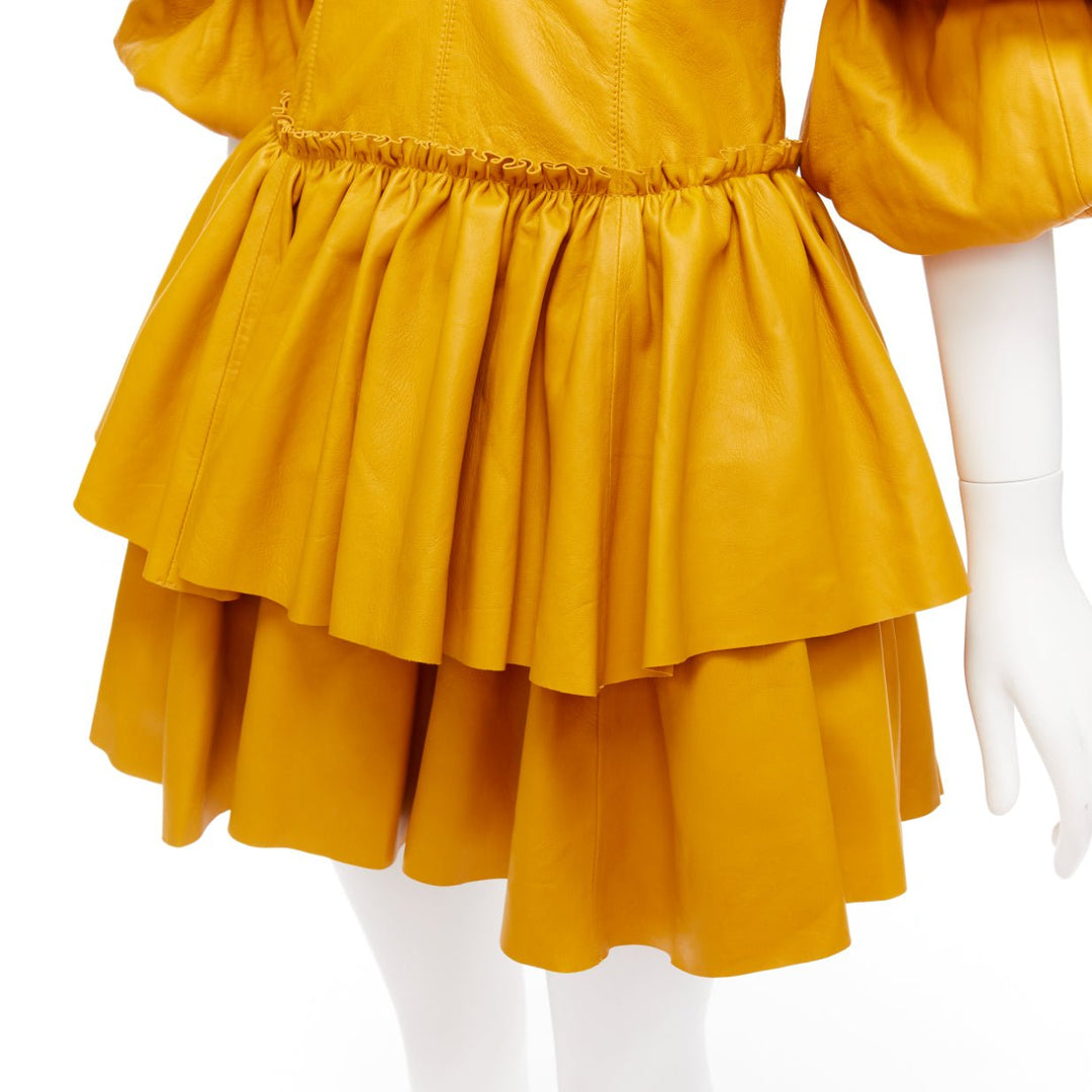 AJE 2019 Castellain mustard yellow leather puff sleeve tiered mini dress UK6 XS