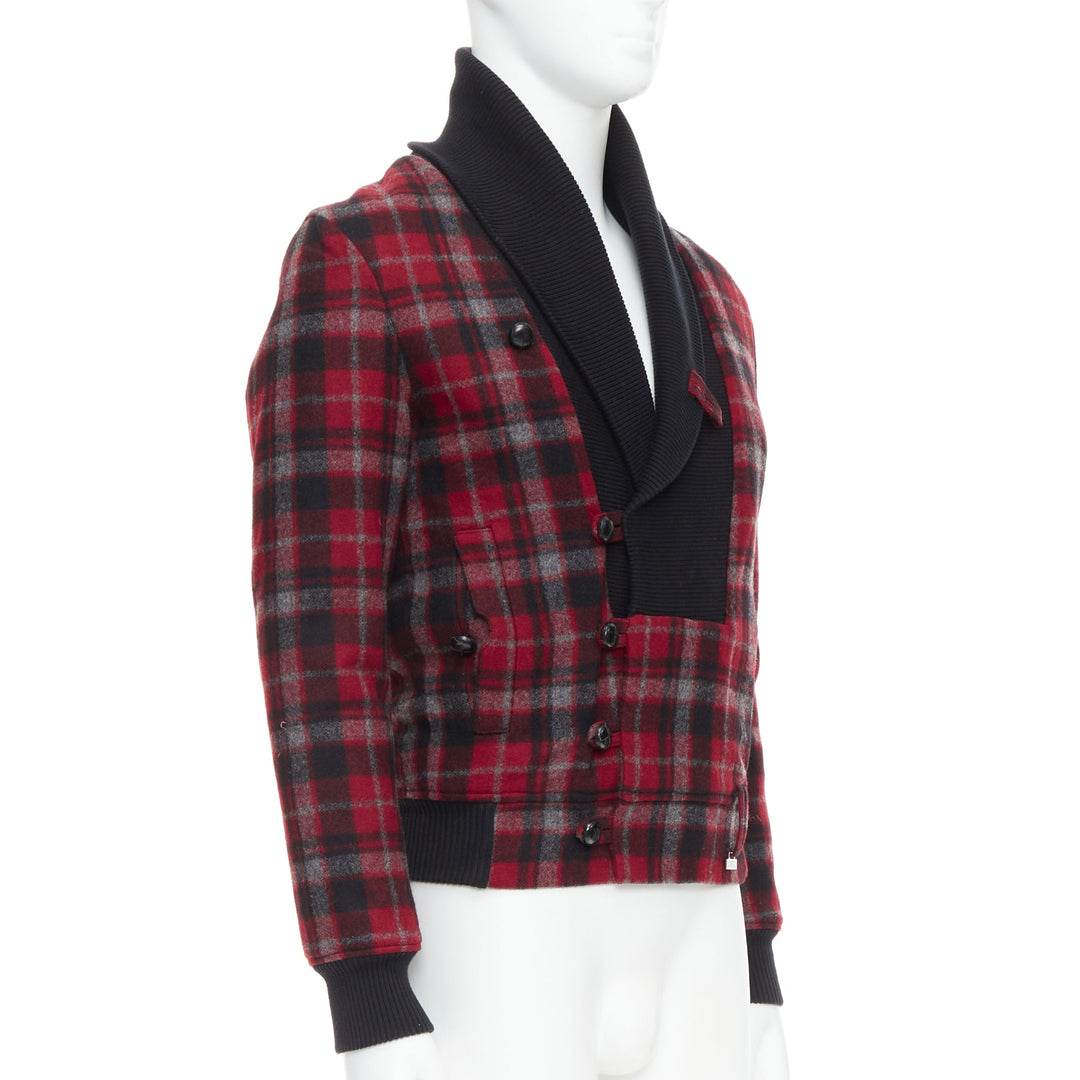 KRIS VAN ASSCHE red black virgin wool checkered cotton trim bomber IT46 S