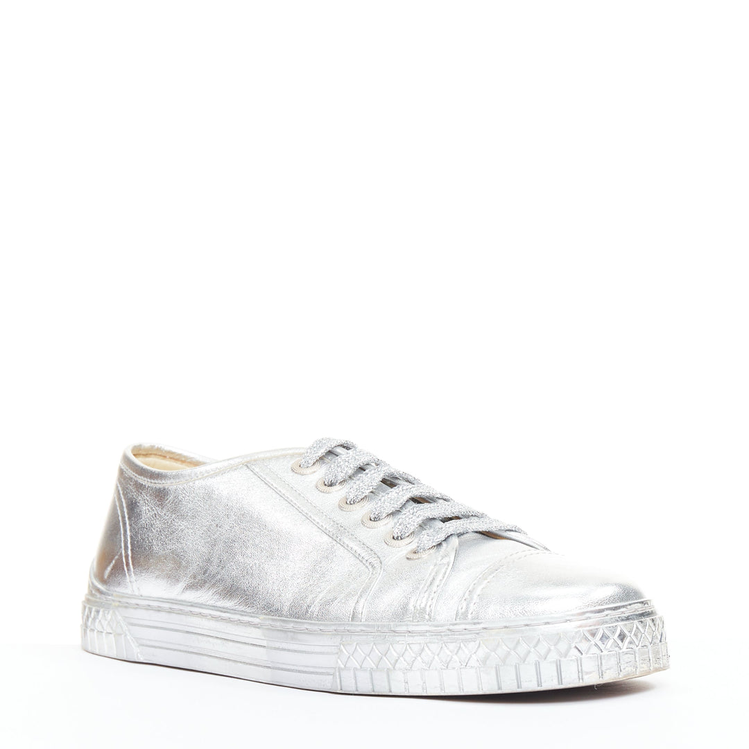 CHANEL 2017 metallic silver leather glitter lace up low top sneakers EU38.5