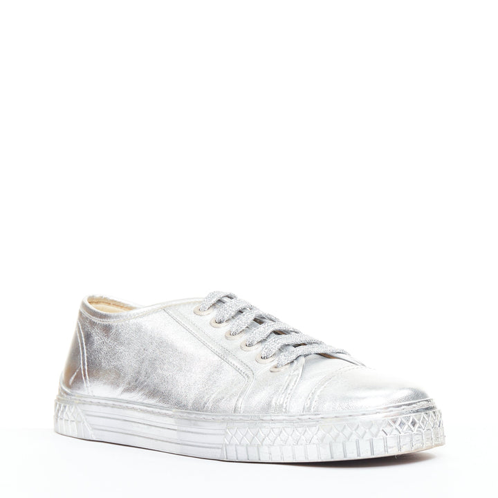 CHANEL 2017 metallic silver leather glitter lace up low top sneakers EU38.5