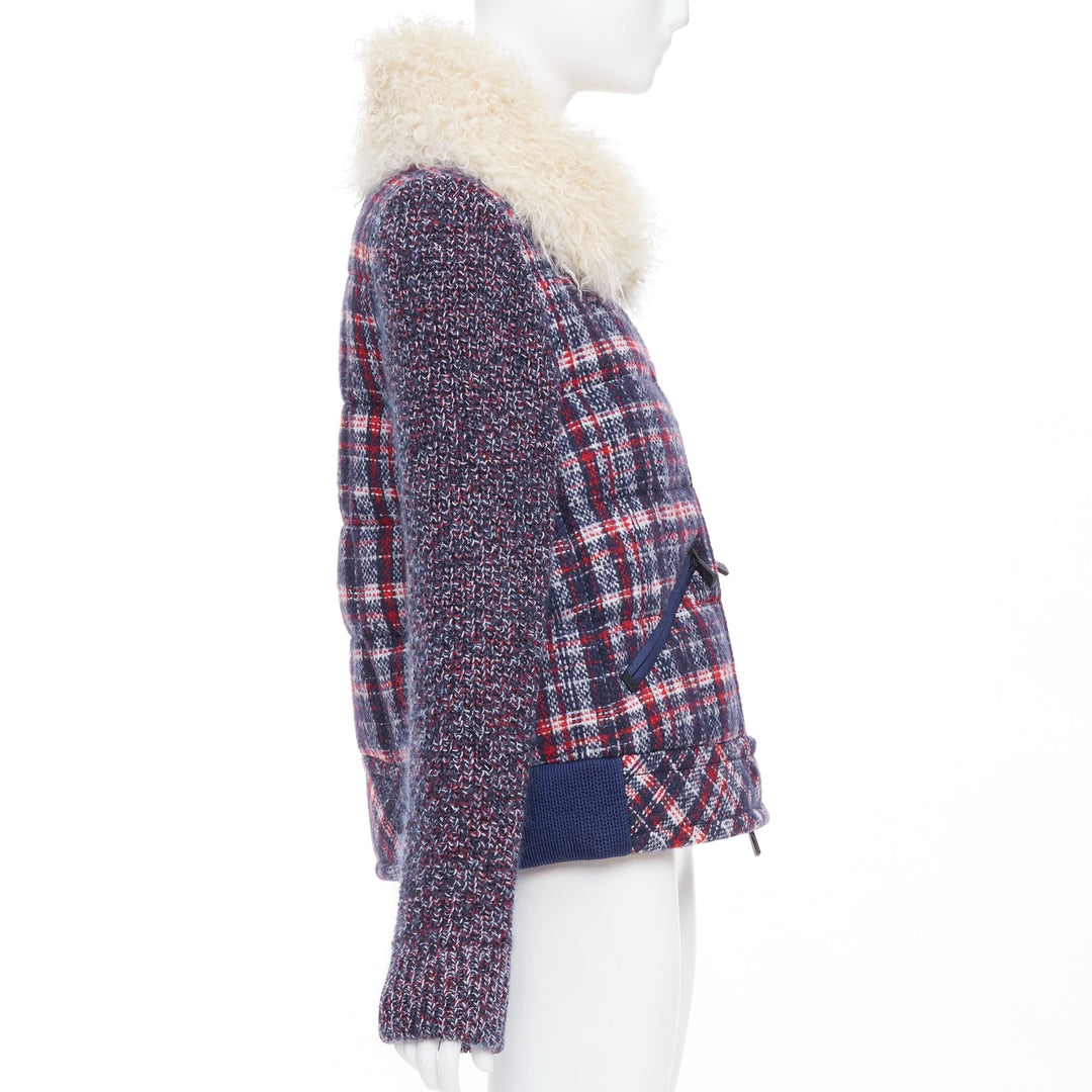MONCLER GRENOBLE Runway Soleil red blue tweed fur collar down puffer Sz.0 XS