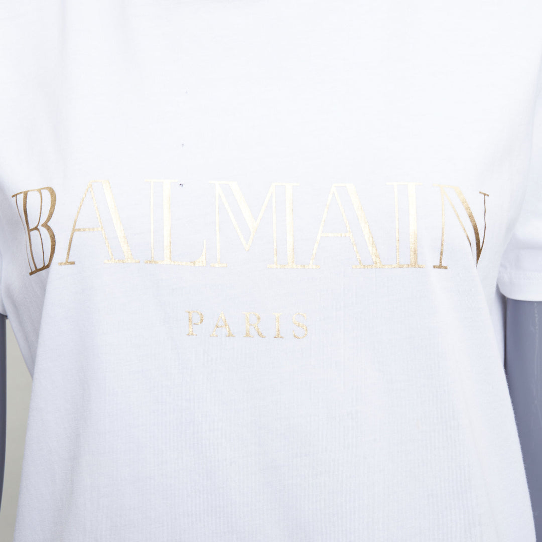 BALMAIN white metallic gold foil logo print button shoulder tshirt FR38 M