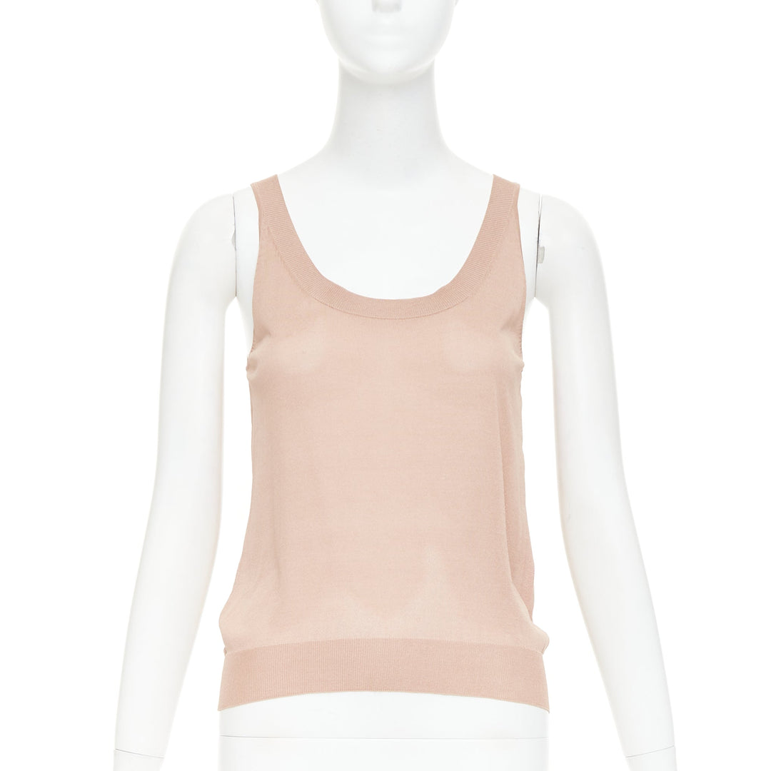 NINA RICCI beige pink 100% silk black button scoop neck cardigan vest set S