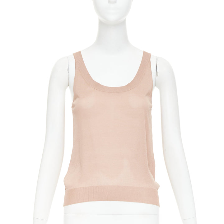 NINA RICCI beige pink 100% silk black button scoop neck cardigan vest set S