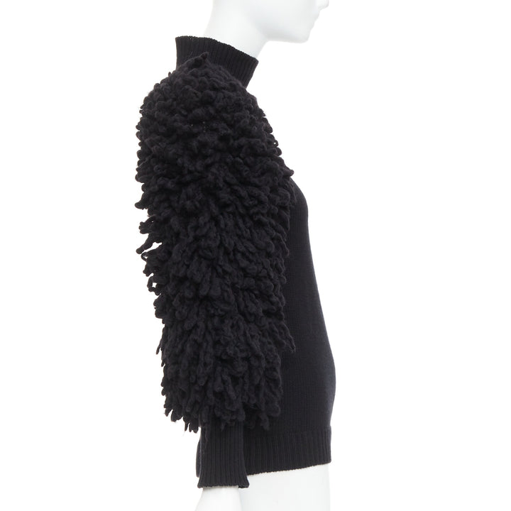 VALENTINO 2024 black virgin wool boucle yarn sleeves turtleneck sweater S