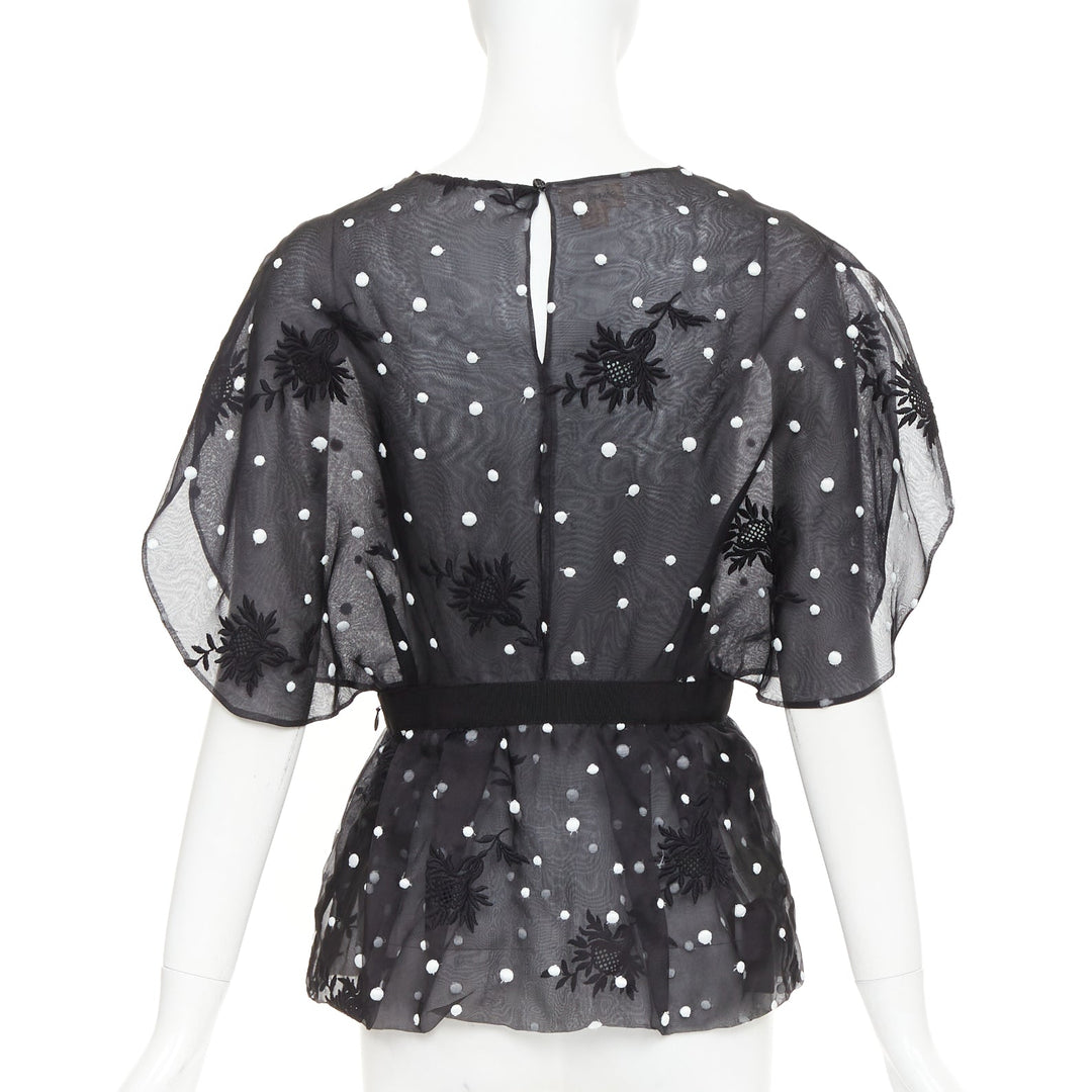 GIAMBATTISTA VALLI black polka dot applique sheer lace peplum top IT42 M