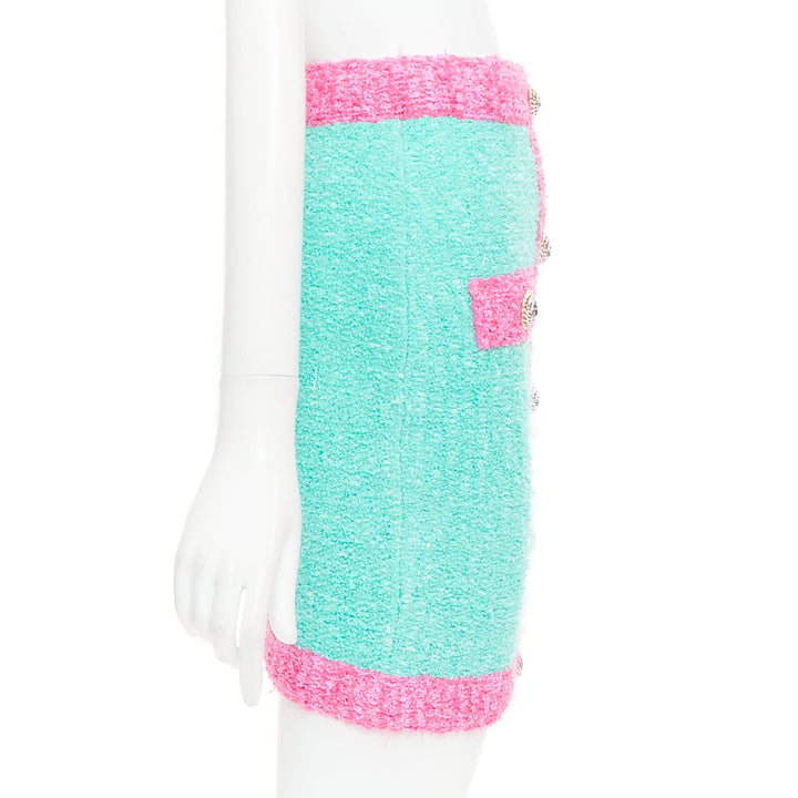 BALMAIN turquoise pink gold button embellished boucle skirt FR34 XS