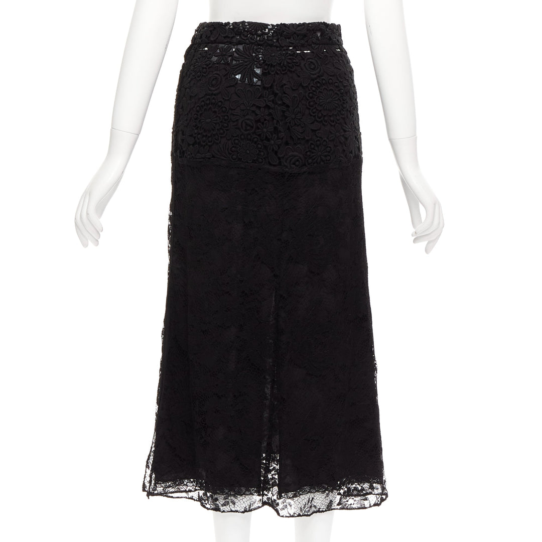 PRADA 2019 Runway 100% silk black mixed lace panelled midi skirt IT38 XS