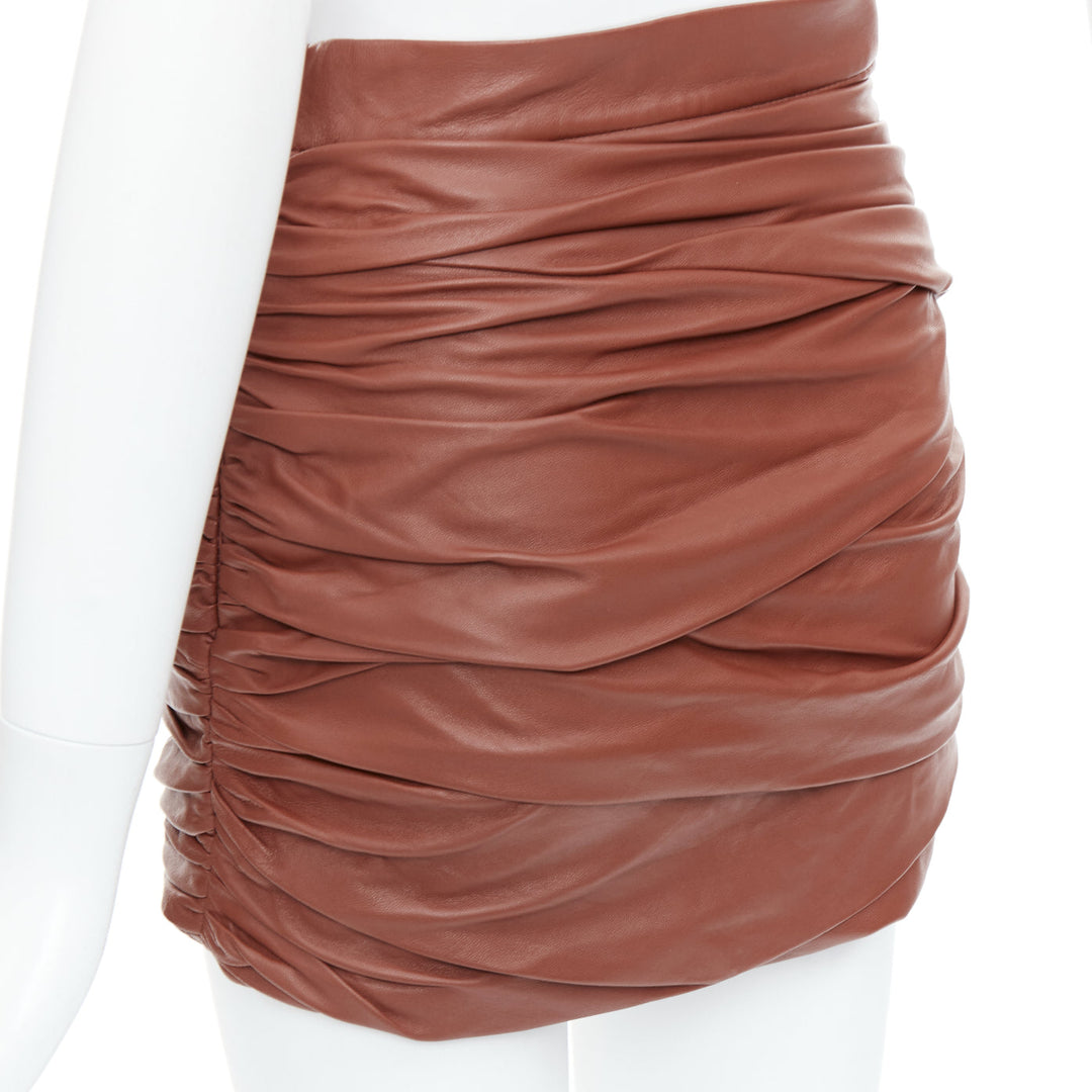 ZEYNEP ARCAY brown lambskin gathered ruched silk lined mini skirt FR34 XS