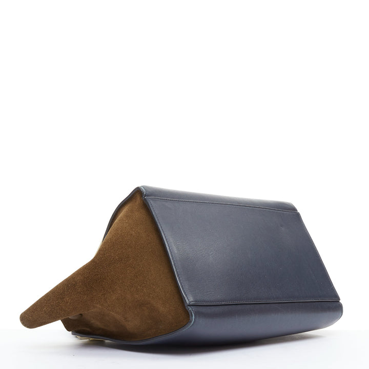 CELINE Trapeze beige scaled leather flap navy brown gold hardware bag