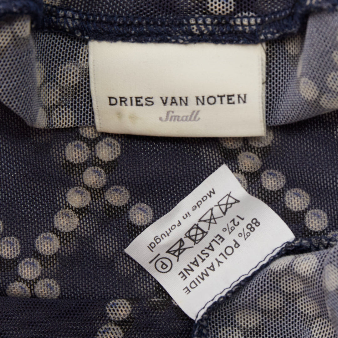 DRIES VAN NOTEN navy blue pearl diamond print high neck sheer top S