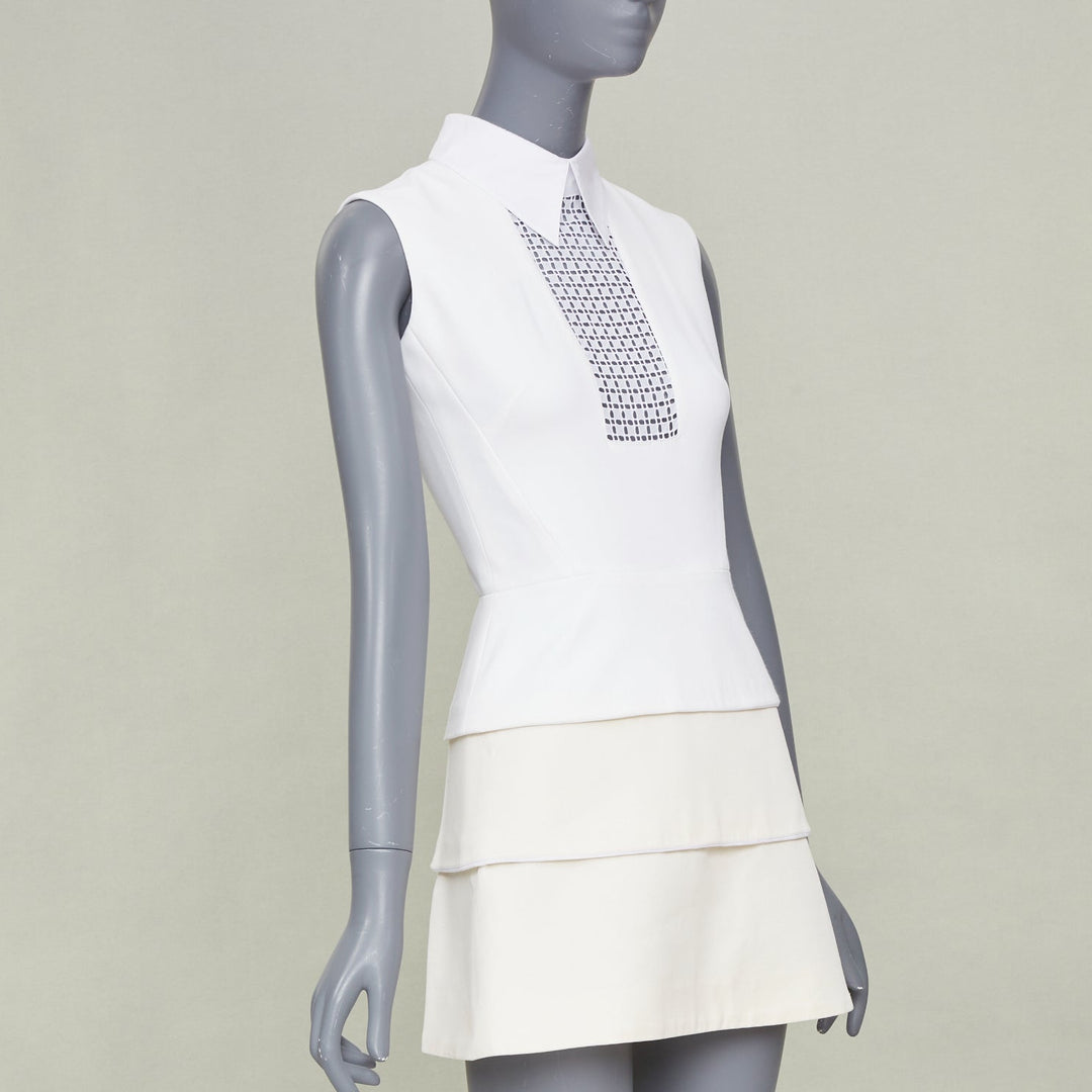 VICTORIA BECKHAM ivory cotton blend lattice bib tiered short mini dress UK6 XS