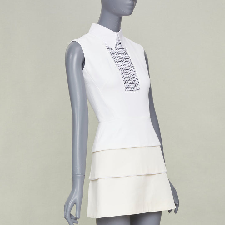 VICTORIA BECKHAM ivory cotton blend lattice bib tiered short mini dress UK6 XS