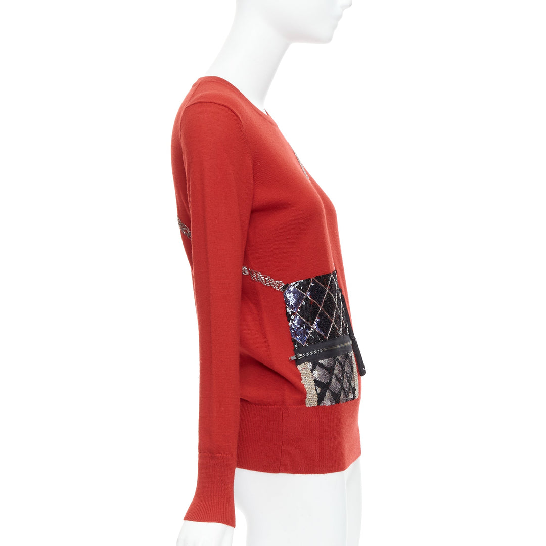 MARKUS LUPFER red trompe loeil bag sequin merino wool sweater S