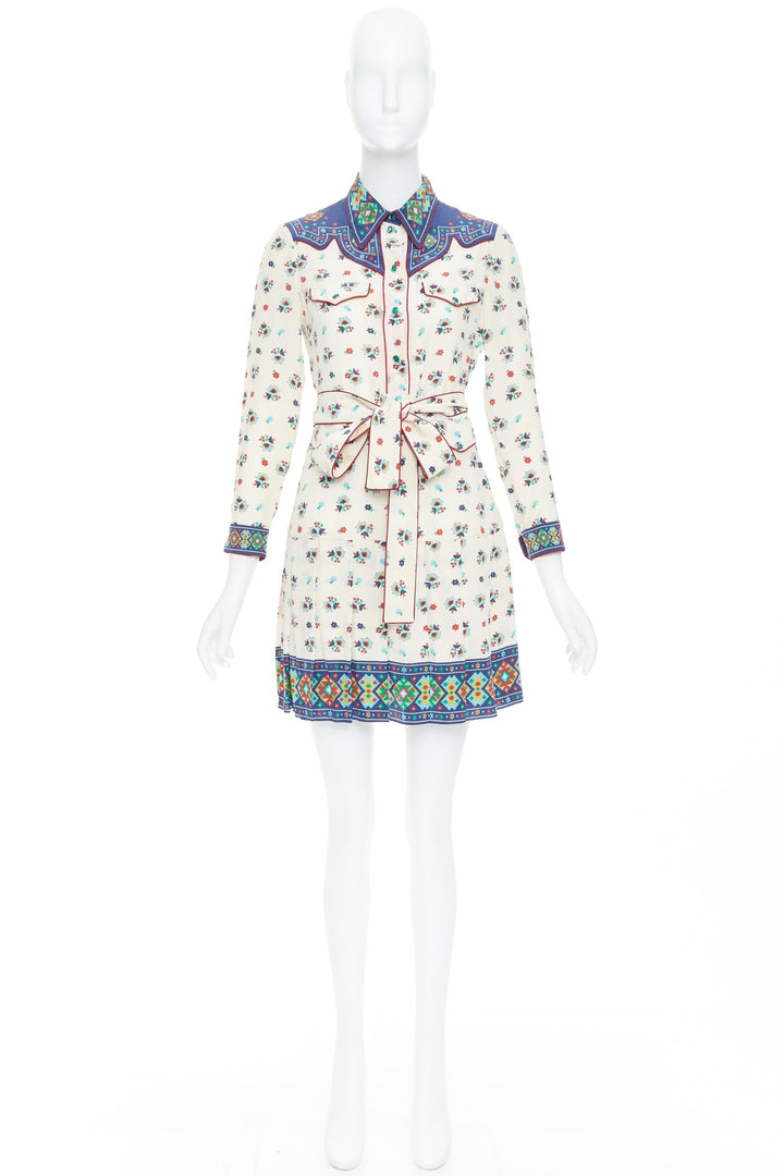 GUCCI 2016 navy cream 100% silk western print belted dress IT38 XS