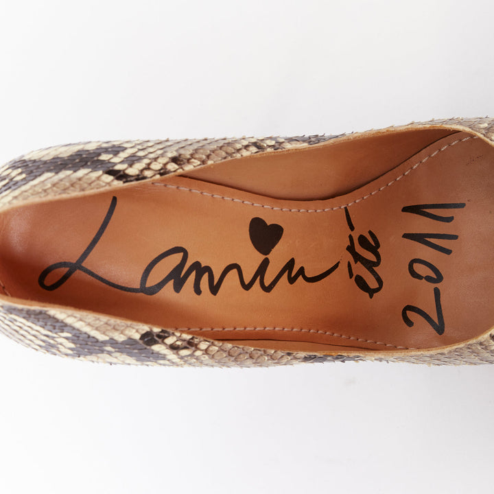 LANVIN 2011 beige scaled leather brown wood platform pumps EU36.5