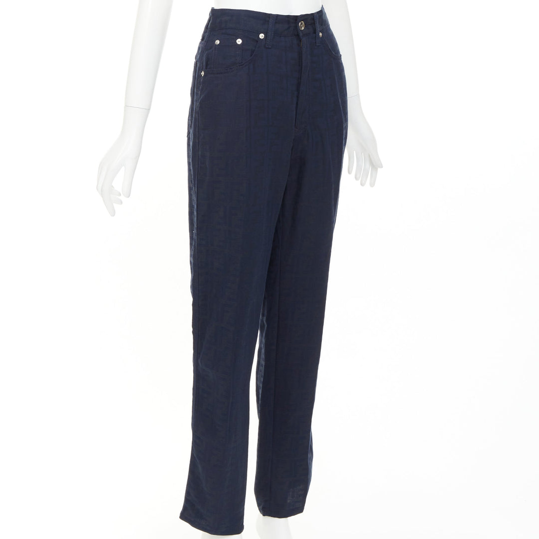 FENDI JEANS 1990s Vintage navy grey FF Zucca Monogram jacquard straight jean 29"