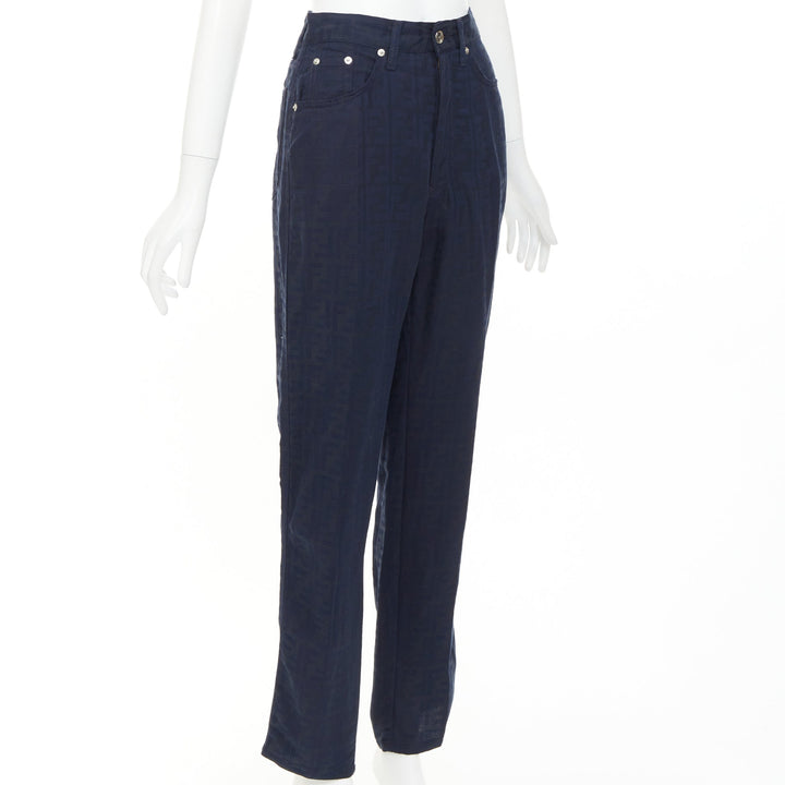 FENDI JEANS 1990s Vintage navy grey FF Zucca Monogram jacquard straight jean 29"