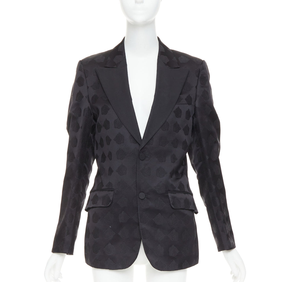 GUCCI black silk jacquard Tiger Hollywood applique tuxedo blazer IT44 XS