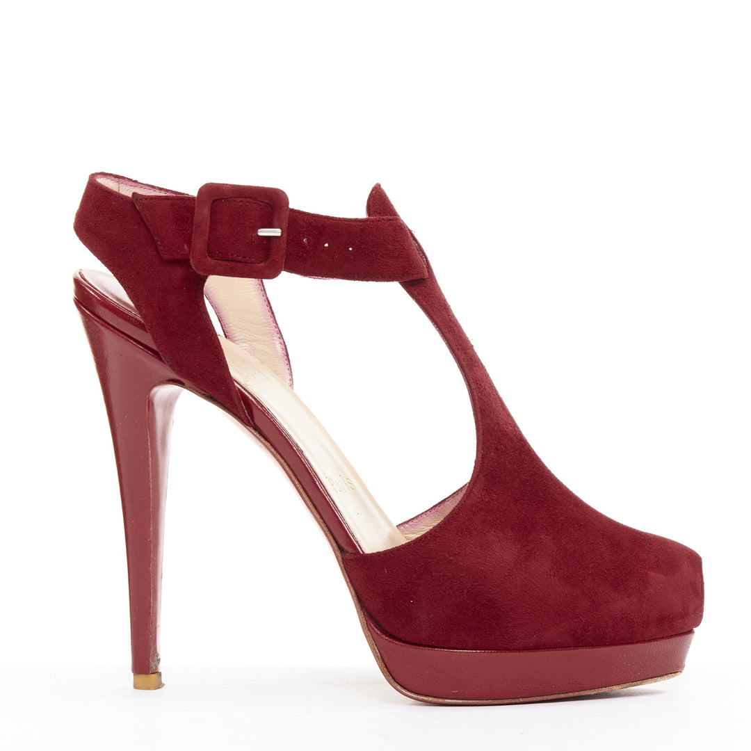 CHRISTIAN LOUBOUTIN Orlan 140 Suede dark red Tstrap platform buckle sandals EU38