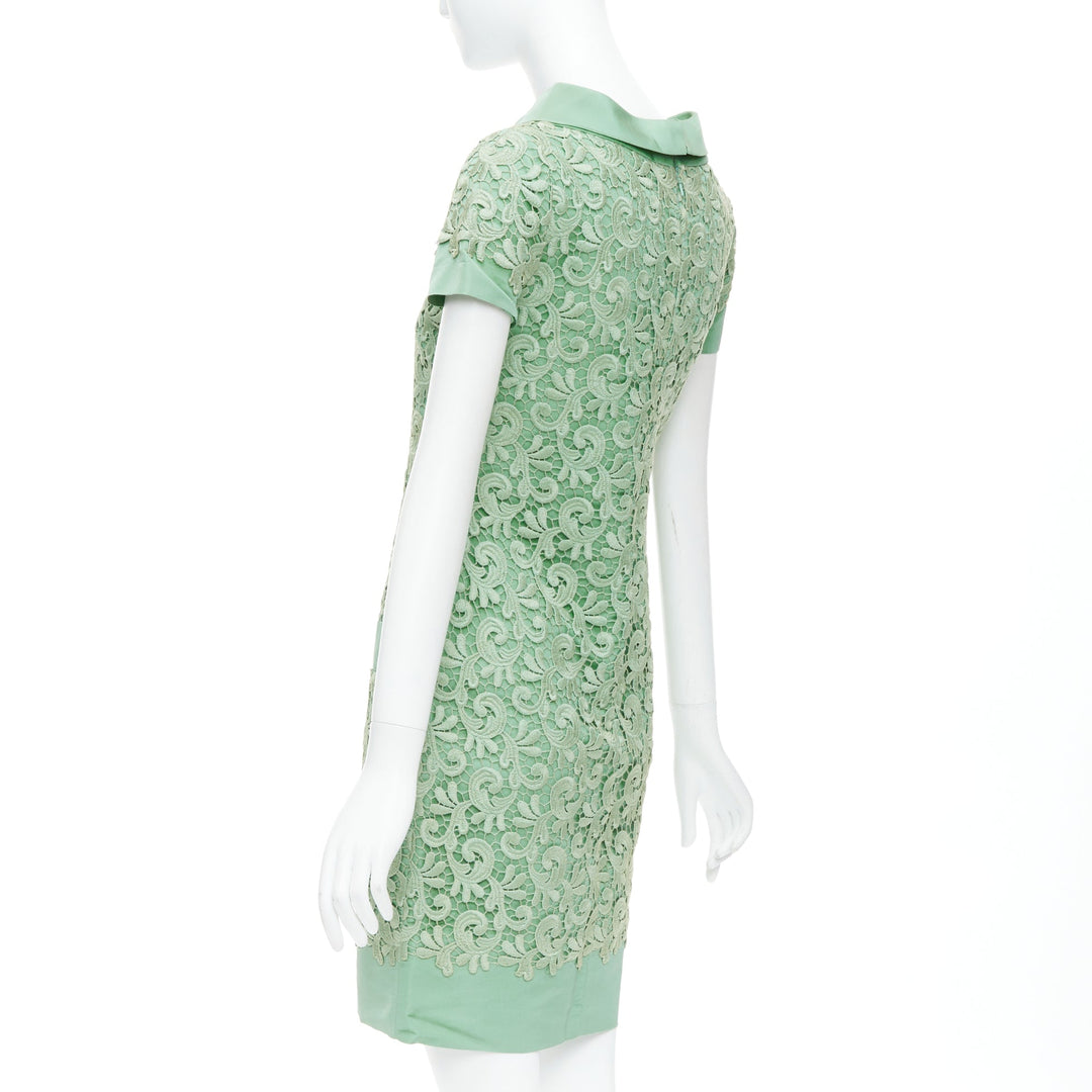 OSCAR DE LA RENTA S12 100%  green cotton lace silk stand collar dress US0 XS