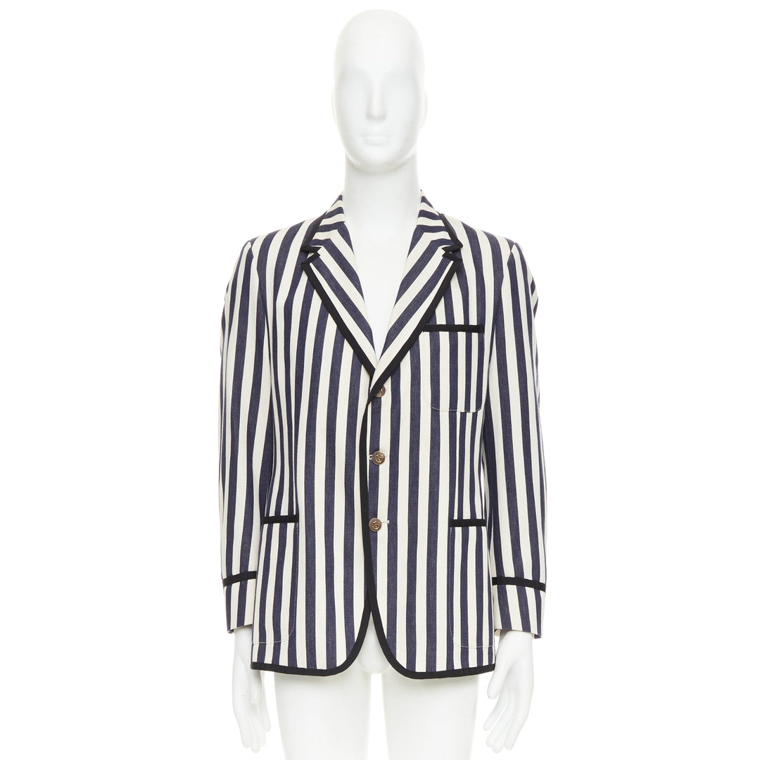 GUCCI navy cream cotton anchor buttons striped nautical blazer IT52 XL