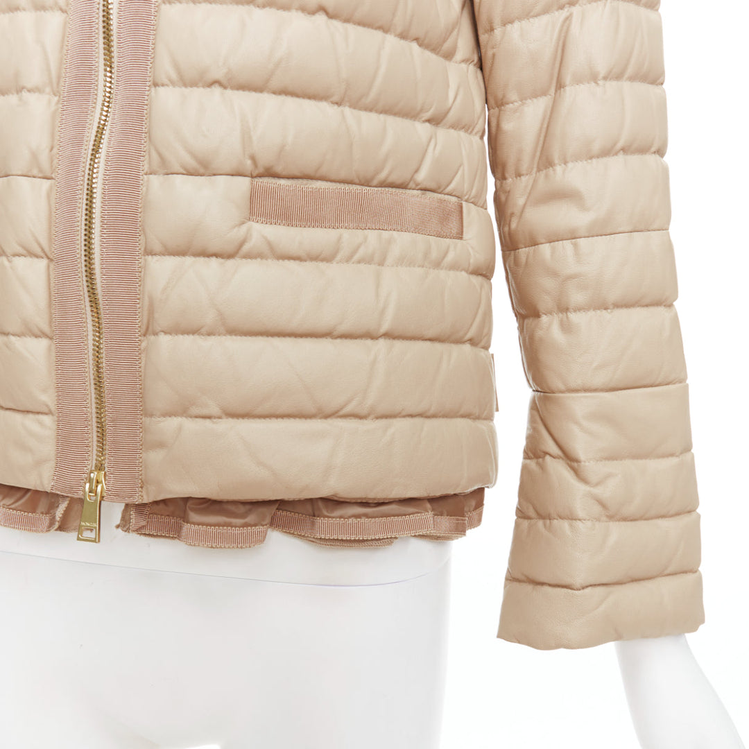 MONCLER beige lambskin leather goose down lightweight  padded puffer Sz1