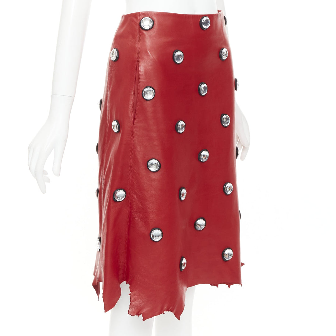 CELINE Phoebe Philo red lambskin leather acrylic stud jagged cut skirt FR34 XS