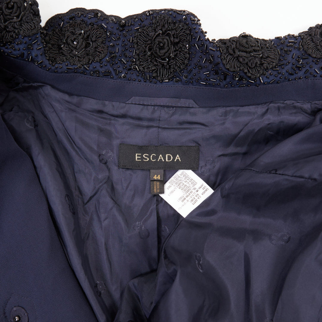 ESCADA Vintage navy lace floral bead embellished collar cropped jacket FR44 2XL