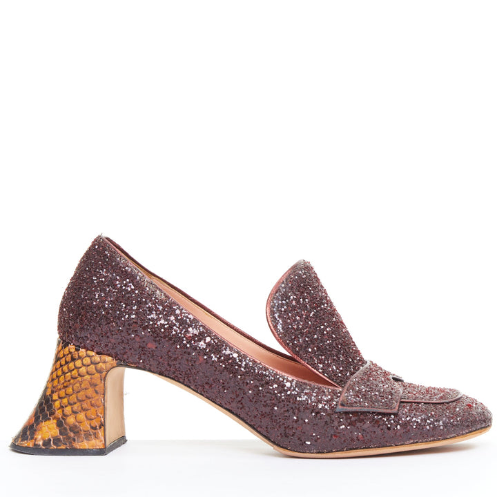 ROCHAS burgundy glitter brown scaled leather sculpted heel loafers EU36