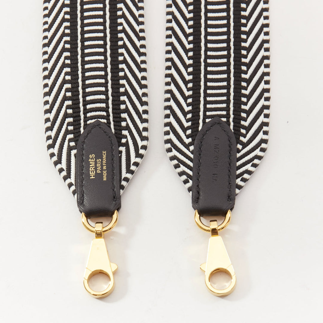 HERMES Sangle 50 black white diagonal stripes woven fabric gold hardware strap