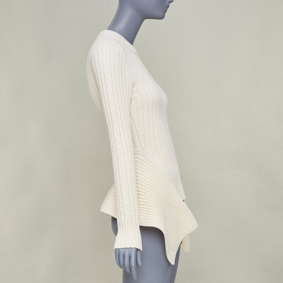ALEXANDER MCQUEEN 2021 beige wool cashmere asymmetric drape peplum sweater S
