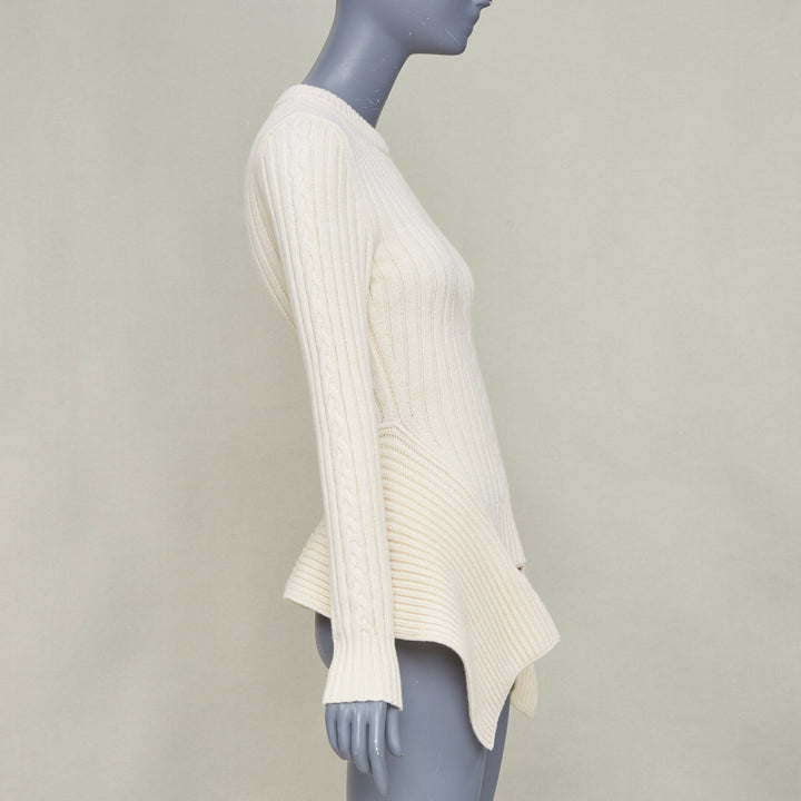 ALEXANDER MCQUEEN 2021 beige wool cashmere asymmetric drape peplum sweater S
