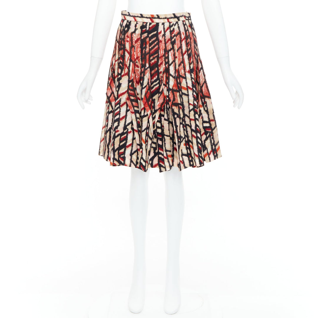 BOTTEGA VENETA 100% silk  red black abstract print pleated knee skirt IT38 XS