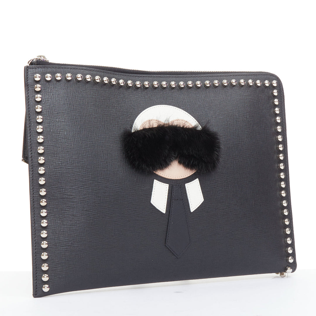 FENDI Karlito black mink fur white leather studded saffiano portfolio clutch bag