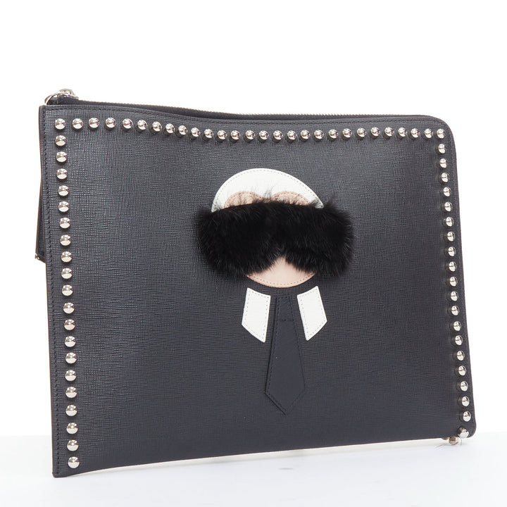 FENDI Karlito black mink fur white leather studded saffiano portfolio clutch bag