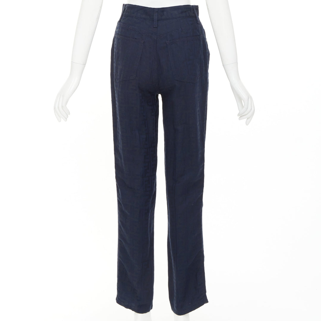 FENDI JEANS 1990s Vintage navy grey FF Zucca Monogram jacquard straight jean 29"