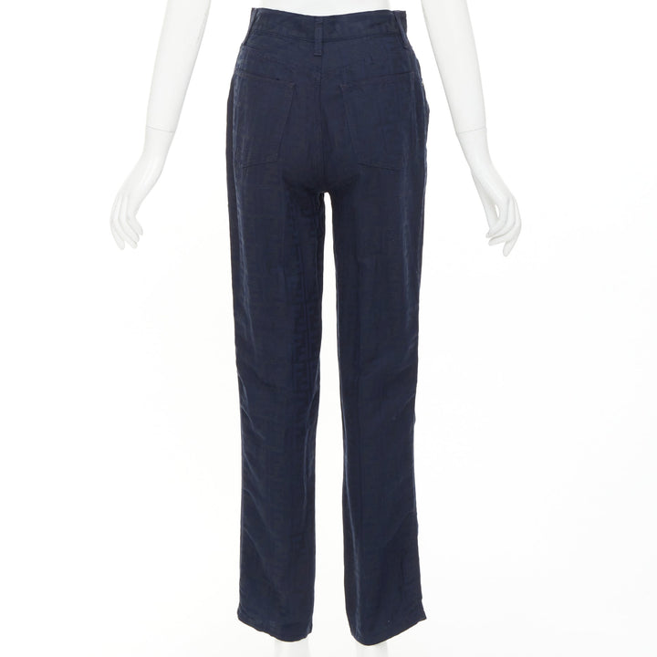 FENDI JEANS 1990s Vintage navy grey FF Zucca Monogram jacquard straight jean 29"