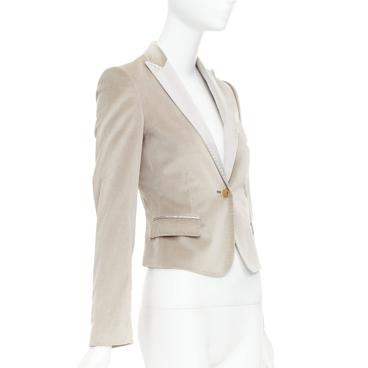 DOLCE GABBANA beige velvet satin peak lapel cropped tux blazer IT36 XXS